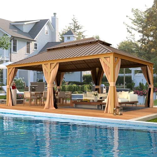 EROMMY 14'x20' Hardtop Gazebo Double Roof Galvanized Steel Canopy Outdoor Aluminum Frame Permanent Metal Pavilion with Netting and Curtains for Patio Backyard Deck and Lawns
