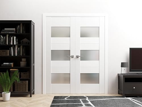 VDOMDOORS Solid French Double Doors 36 x 80 inches Opaque Glass/Sete 6003 White Silk/Wood Solid Panel Frame/Closet Bedroom Modern Doors