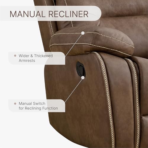 Leather Recliner Chair Manual Sofa Rocker for Adults with Overstuffed Arm for Living Room Bedroom Home Theater Seating, Brown