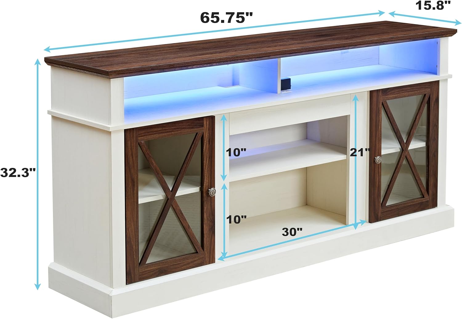 Farmhouse TV Stand with Outlet & LED Lights for TVs Up to 70", Tall Entertainment Center w/Glass Barn Door, Media TV Console w/Adjustable Storage Shelves for Living Room/Bedroom, White