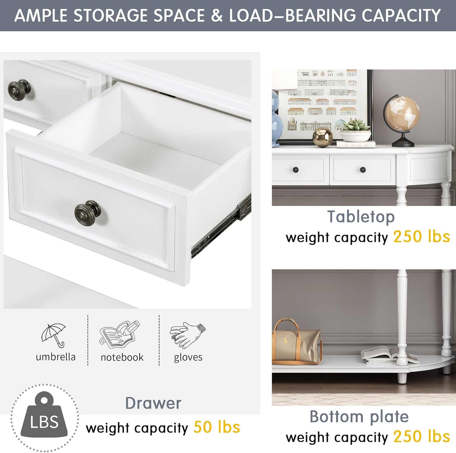 Storage Cabinet Retro Circular Curved Console Open Shelf and 2 Top Drawers, Half Moon Entry Solid Wooden Frame and Legs,Wood Sofa Tables, for Hallway, Living Room, White