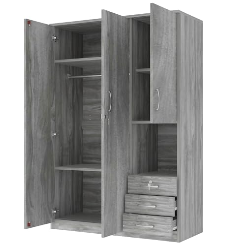 Merax Wooden Wardrobe Closet Organizer with Big Drawers, Hanging Rail and Shelves Tall 3 Doors Armoire Clothes Storage Cabinet for Bedroom, Laundry & Living Room, Easy Assembly, Grey