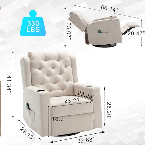 Oversized Swivel Rocker Recliners with Wide Seat Tufted Fabric Manual Recliner Chair with Cup Holders for Living Room, Nursery Rocking Glider Chairs (Beige, Large), Large(330lbs), WX1227GS