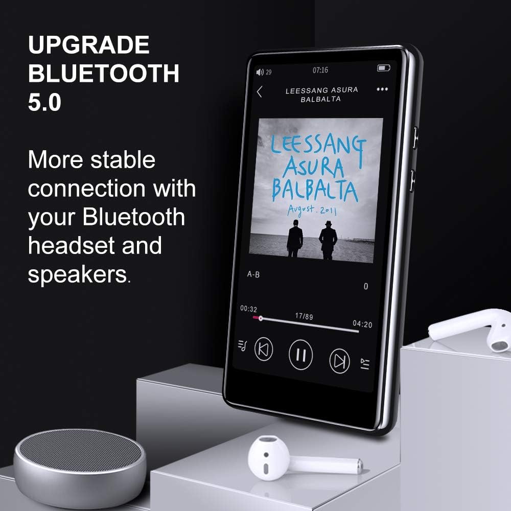 16GB MP3 Player with Bluetooth, Full Touchscreen HD Video Mp4 Mp3 Music Player with Speaker,FM Radio, Micro SD Slot, Headphones + Case Included, up to 128GB Pack of 2