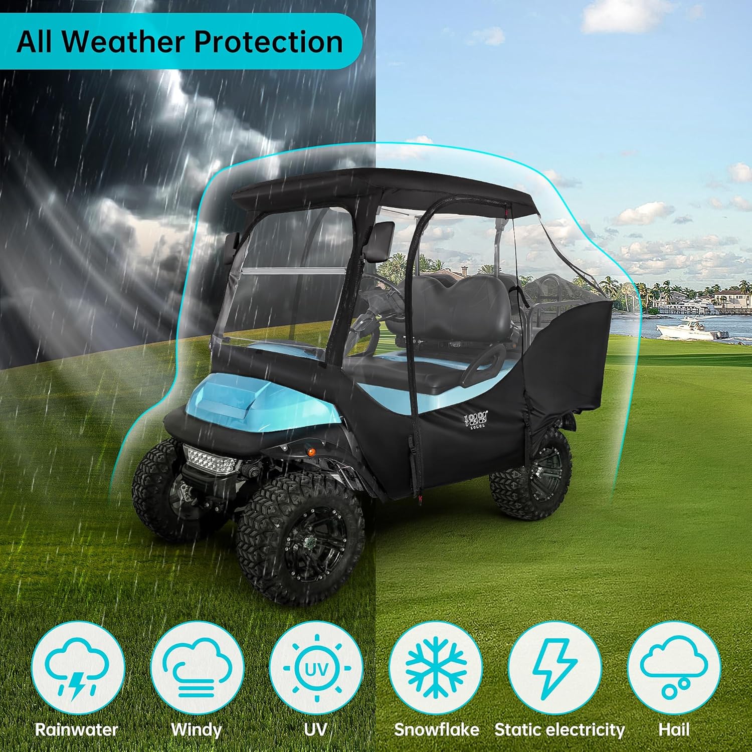 10L0L 4 Passenger Golf Cart Driving Enclosure for Club Car Precedent with Short Roof Up to 57", 4-Sided Clear Window 420D Rain Cover All Weather Windproof Waterproof