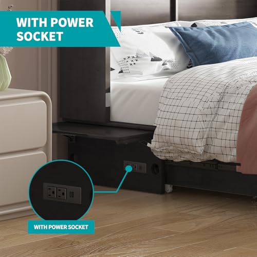 BALUS Murphy Bed, Furniture Murphy Cube Cabinet Bed with USB Charging Station, Foldable Cabinet, Memory Foam Queen Size Mattress, Storage Drawer-Cherry