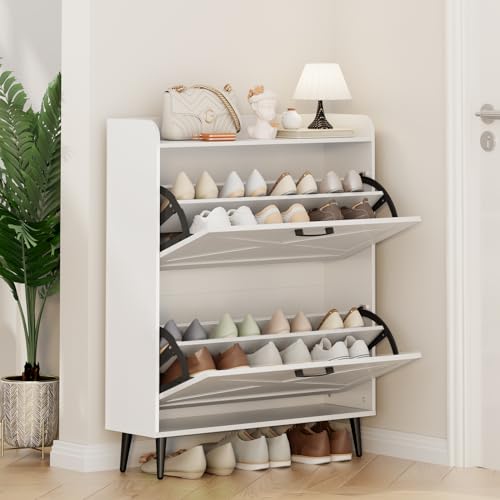 Shoe Storage Cabinet for Entryway with 2 Flip Doors, Hidden Shoe Storage Organizer with Metal Legs for Entryway, Closed Slim Shoe Rack Cabinet, White