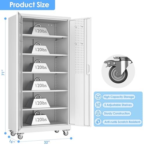Aobabo 73''H Metal Garage Storage Cabinet with Wheels and Pegboards, 4 Adjustable Shelves Steel Storage Cabinets for Home,Warehouse,Garage,Assembly Required,White