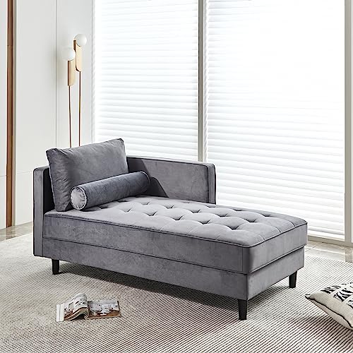 Taikonaut 64" Upholstered Velvet Chaise Lounge with Left Armrest & Lumbar Pillow, Button Tufted Lounge Sofa, Lounge Chair Indoor, Modern Velvet Lounge Chair for Bedroom, Living Room and Office (Gray)