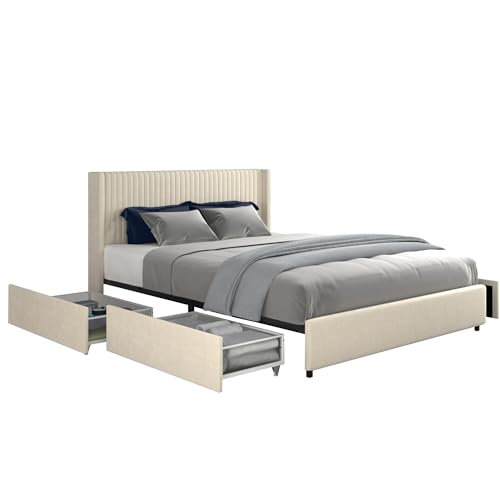 Queen Size Linen Upholstered Platform Bed Frame with 4 Storage Drawers and Wingback Headboard, Wooden Slat Mattress Support, No Box Spring Needed, Grey