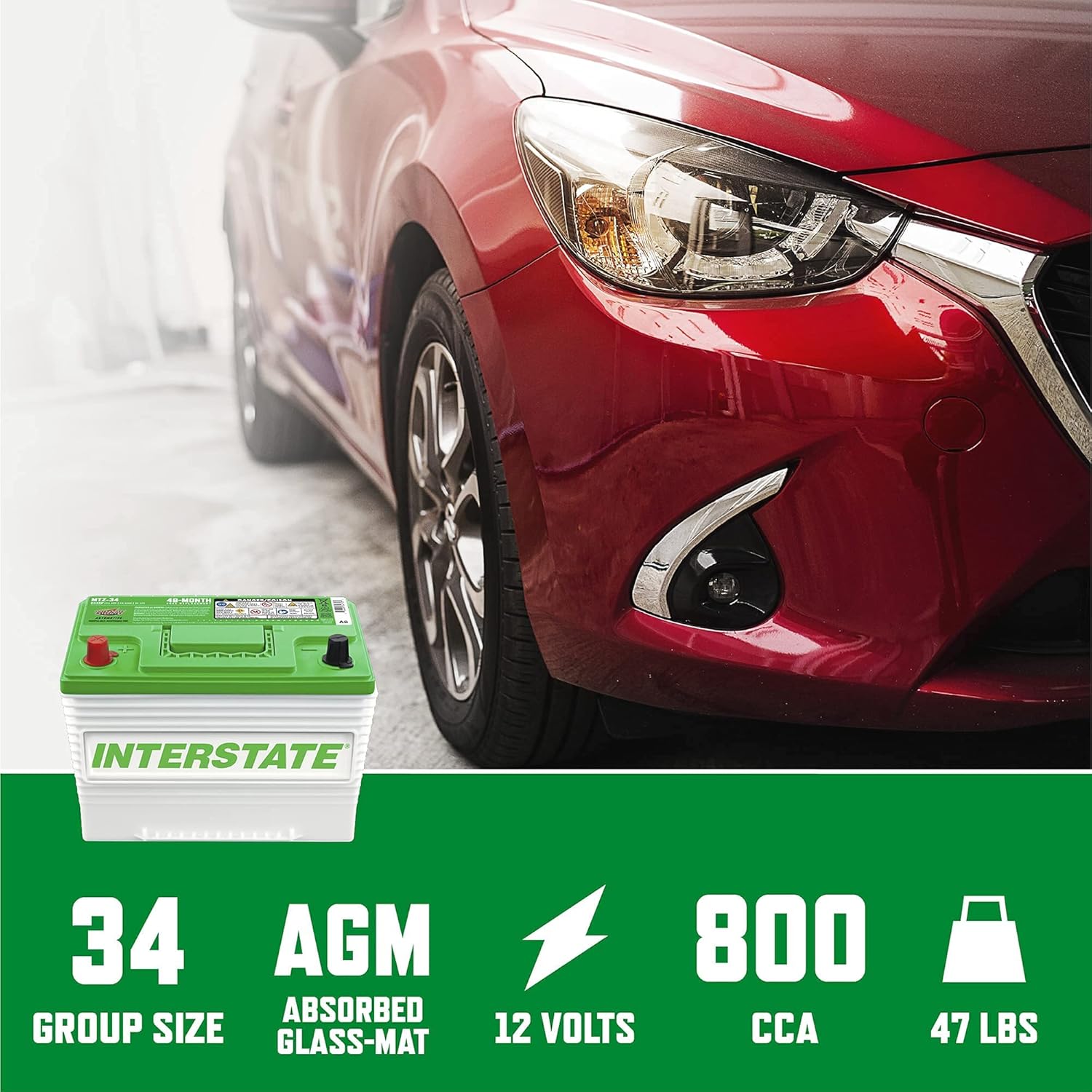 Interstate Batteries Automotive Battery 12V 63Ah (Group 34, 24) Pure Lead, Deep Cycle, Top Post Automobile Replacement (MTZ-34) Car, Jeep, SUV, Truck, Van