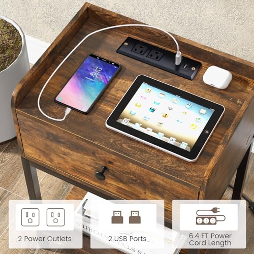GOFLAME Nightstand with Charging Station, Narrow Bedside Table with Drawer, Open Shelf, 2 USB Ports, 2 AC Outlets, Side End Table with Metal Frame for Small Space, Living Room, Bedroom
