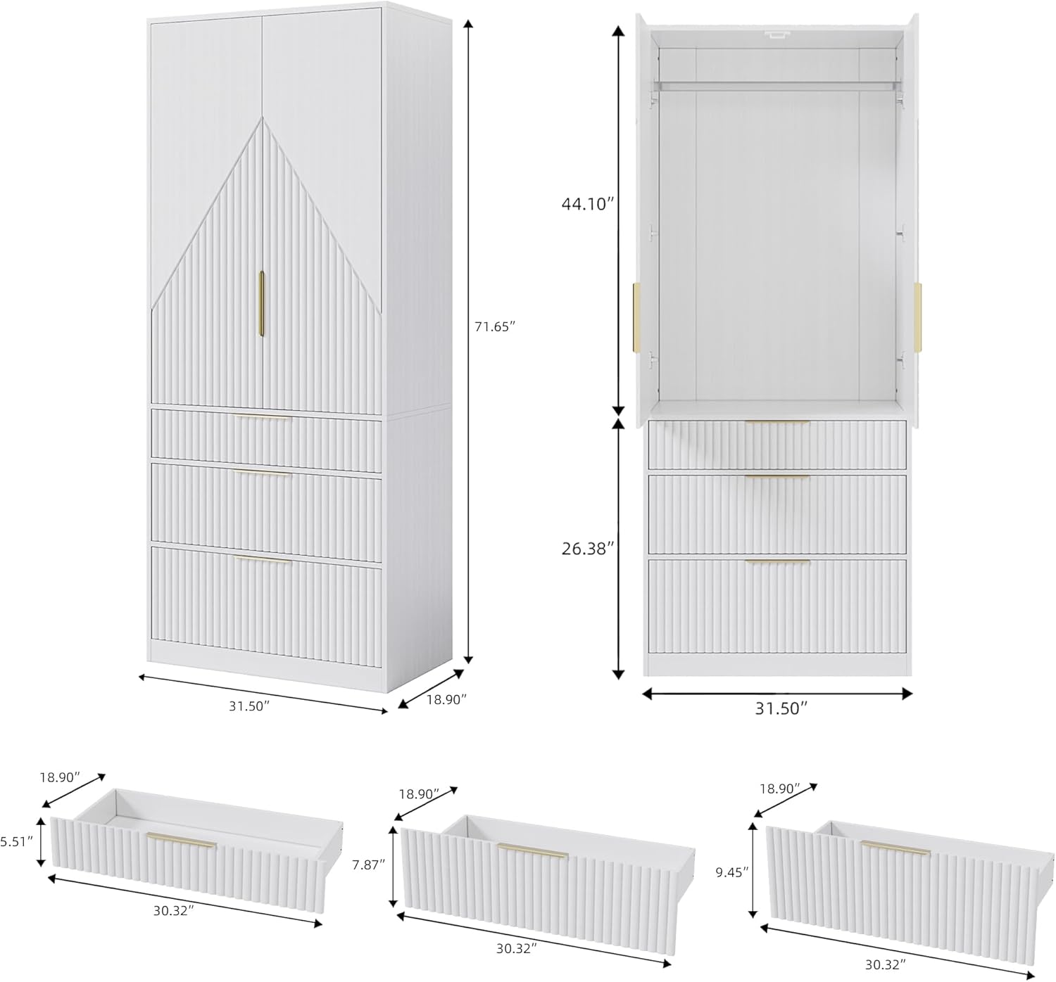 71.7 " Wardrobe Armoire Wooden Closet with 2 Doors and 3 Drawer, Bedroom Armoire with Hanging Rod Shelf, Large Capacity Storage Wardrobe Armoire, Freestanding Wooden Closet Storage Cabinet White