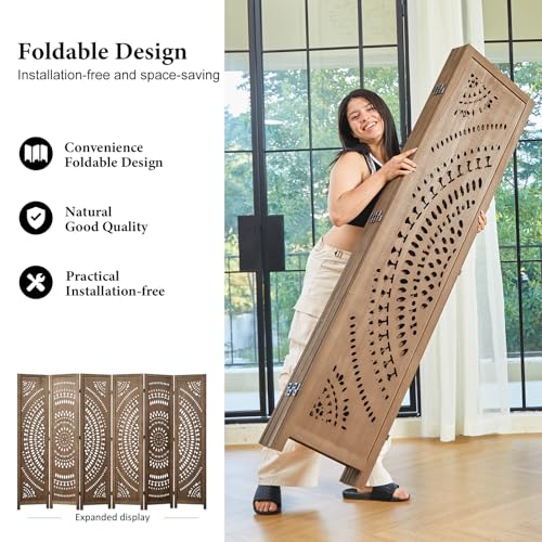 Room Divider Wood Carved Wall Divider Indoor Folding Bohemian Style Portable Partition Screen for Home Office Garden Terrace - 6 Panels (Antique, White-Washed)