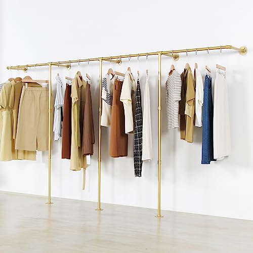 Wall Mounted Gold pipe clothing rack with 3 T-Bar Design and Nano Gold Finish with 2 Wooden Shelves Heavy Duty Wall Mounted Gold Iron Garment Bar for Retail Display and Closet Storage