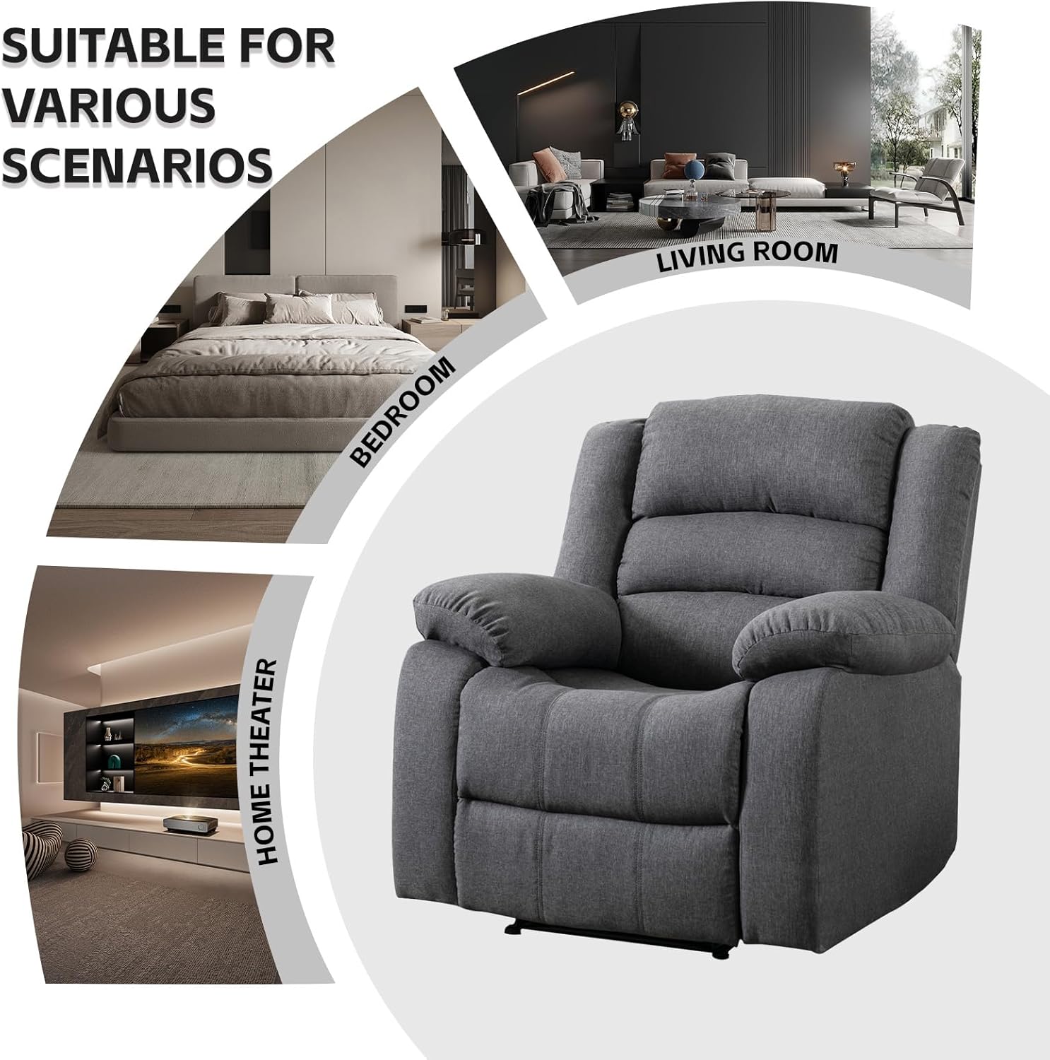 Power Recliner Chair, Soft Fabric Electric Reclining Chair with Overstuffed Back and Arm, Classic Single Sofa Recliner Chair for Living Room, Bedroom, Home Theater (Grey)