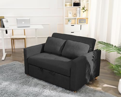 Sleeper Sofa, 3-in-1 Convertible Pull Out Couch Bed Futon Sofa, Linen Fabric Loveseat with 2 Pillows Adjustable Backrest, Chaise Lounge for Small Spaces Apartment Dorm, Sky Blue