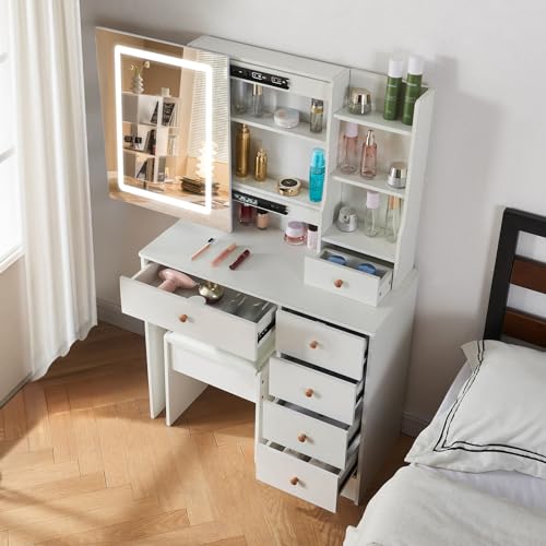Makeup Vanity with Lights, Makeup Vanity with Sliding Mirror and LED Lights, Vanity Table Set with 5 Drawers and Stool,Shelves,Bedroom Vanity Mirror with Lights Desk and Chair,White