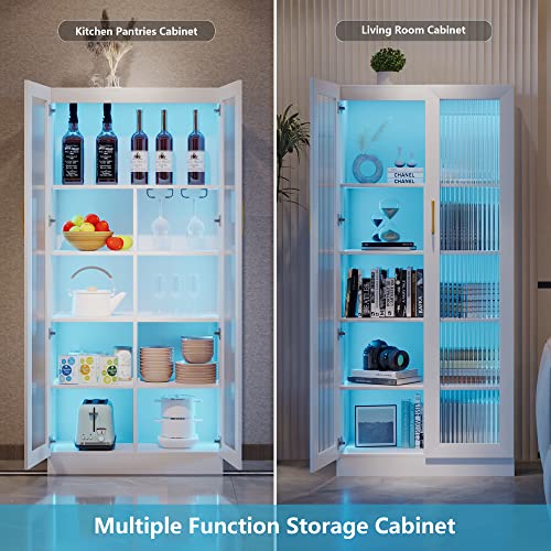 LVSOMT 67" LED Storage Cabinet with Charging Station, Sockets & USB Ports, Kitchen Pantry Cabinet, Hutch Cabinet for Dinning Room, Buffet Sideboard, Microwave Cabinet with Top & Bottom Doors, Black