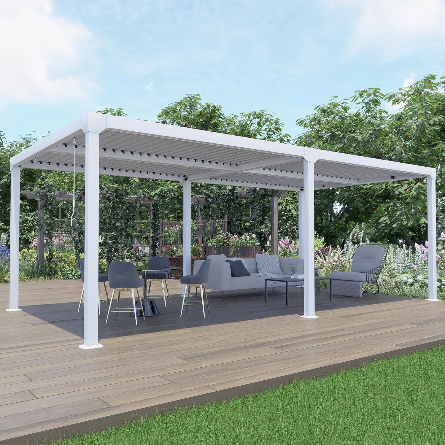 Aoodor Patio 20 x 10 FT Louvered Aluminum Pergola, Outdoor Gazebo with Adustable Hardtop, for Lawn and Garden - White
