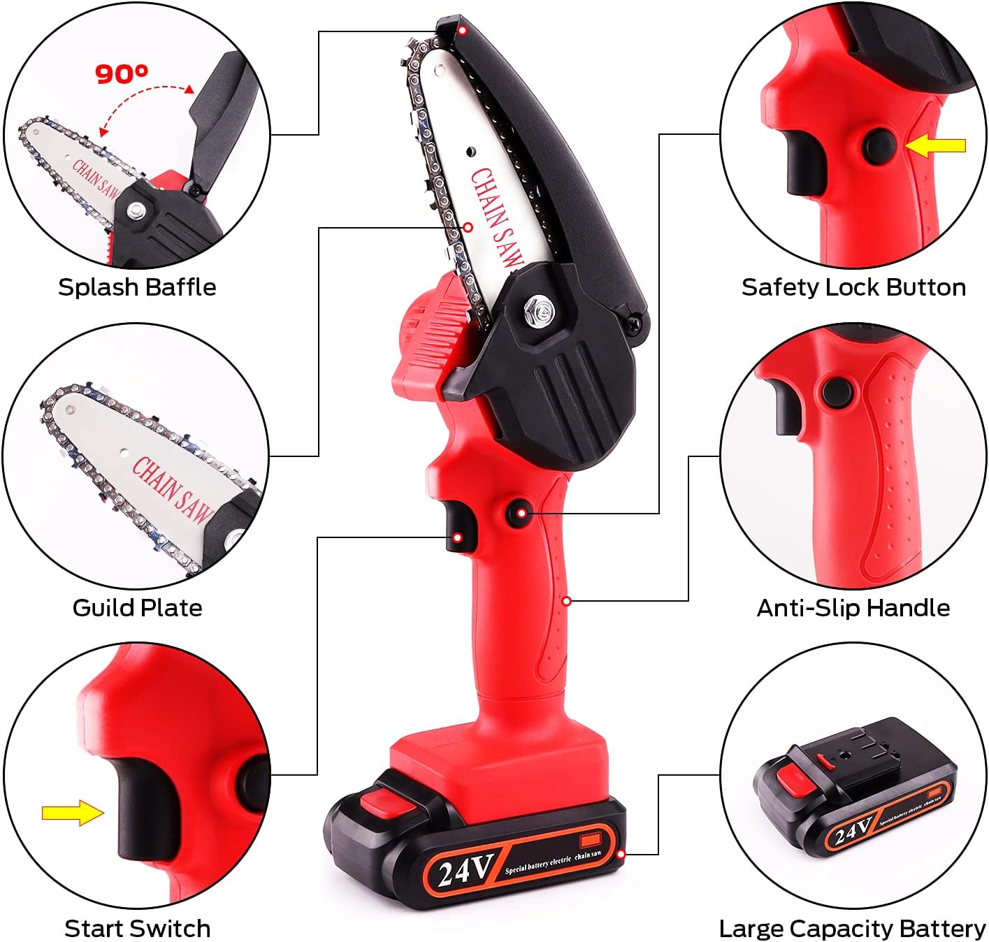 Mini Chainsaw, RLSOO Upgraded 4-Inch 24V Battery Powered Cordless Chainsaw, Portable One-Handed Rechargeable Electric Chainsaw for Tree Trimming Branch Wood Cutting（2 Batteries, 2 Chains Included） Pack of 2