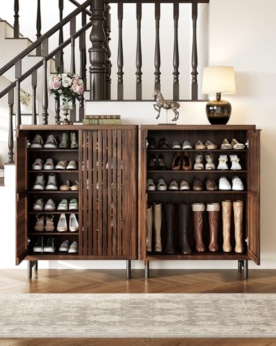 LITTLE TREE 6-Tier Shoe Cabinet with Doors for Up to 24 Pairs, Large Wooden Shoe Storage Cabinet with Adjustable Shelves, Retro Freestanding Shoe Organizer Cabinet for Entryway, Hallway, Dark Walnut