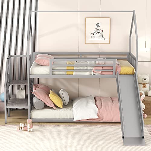 Twin Over Twin Bunk Bed with Slide, Metal Bunk Bed with Storage Staircase and House Roof, Twin Size Low Bunk Bed Frame for Kids Teens Boys Girls, Space Saving, No Box Spring Needed, Sliver
