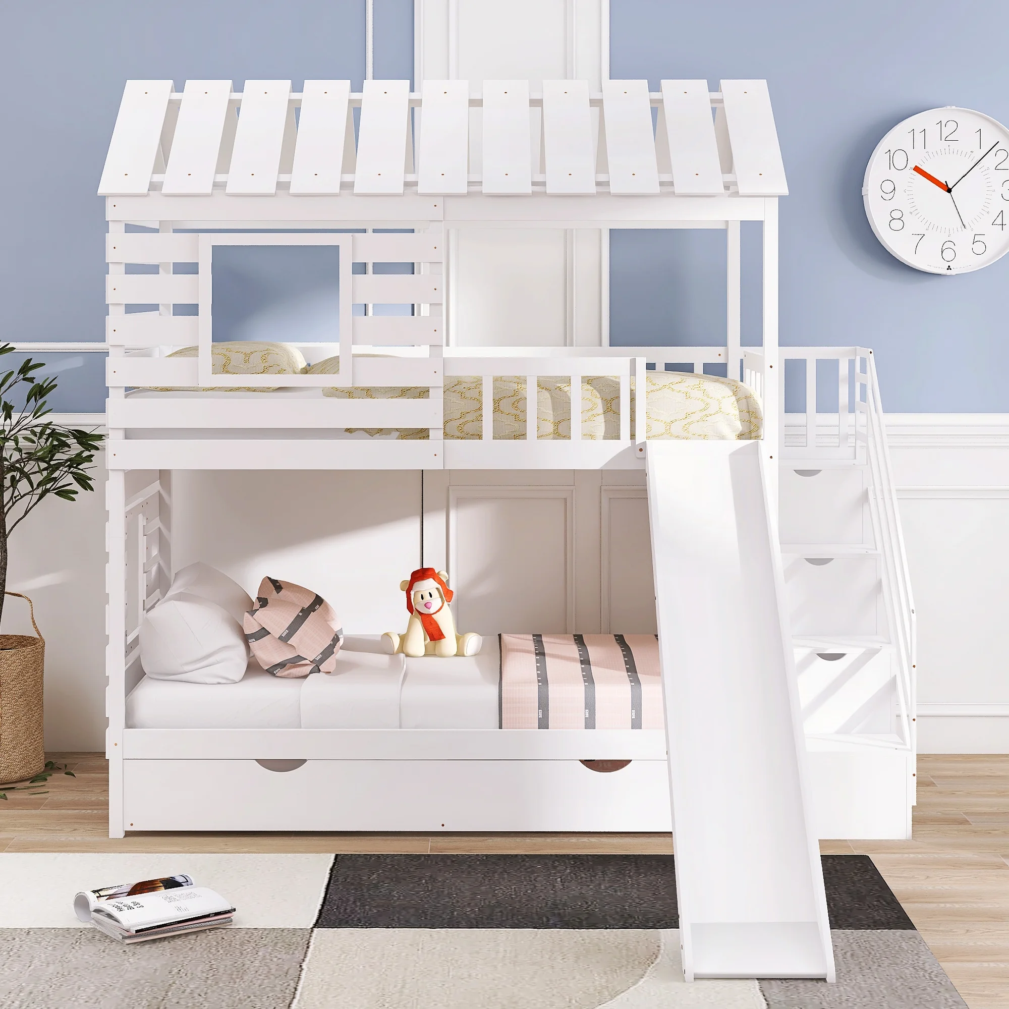 Stairway House Bed Solid Wood Twin over Twin Bunk Bed with Trundle and Slide, Storage Staircase, Roof and Window Design for Toddler Kids Teens