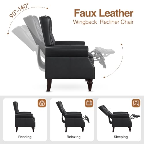 Lazy Boy Recliner Chair, Faux Leather Wingback Chair, Single Sofa Chair with Rivet Trim and Tufted Button, Club Chair with Wooden Legs, Pushback Arm Chair for Living Room Bedroom Club Cafe, Matt Brown