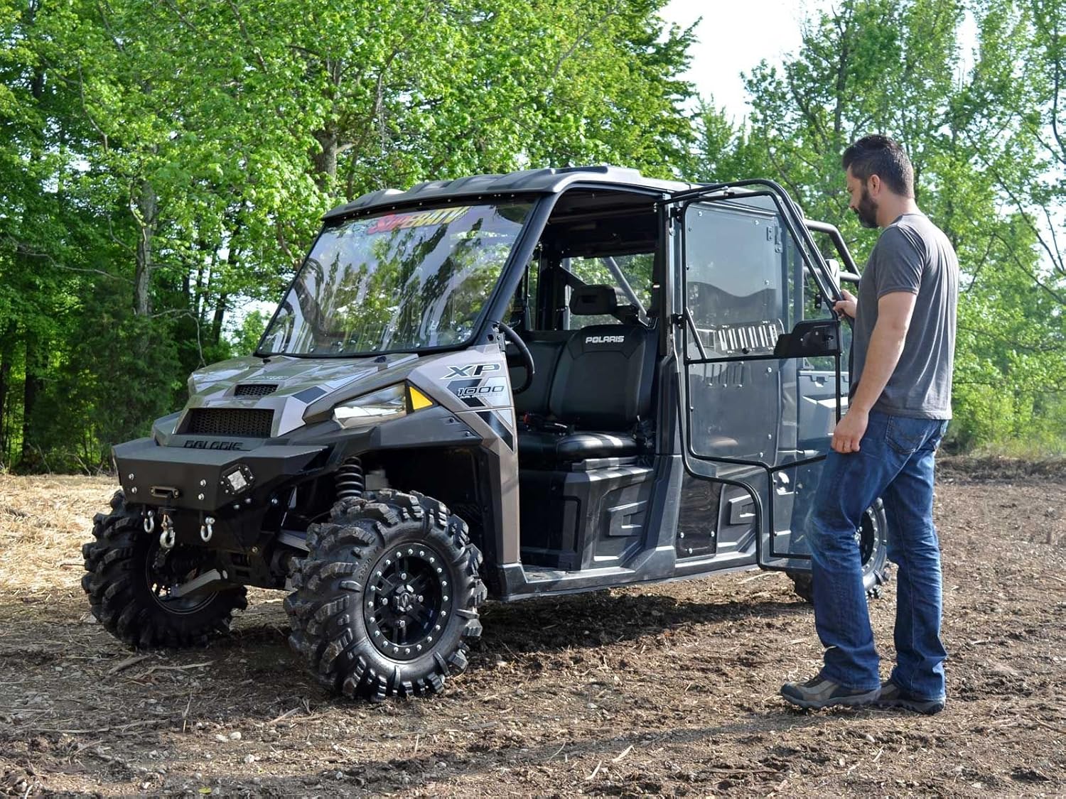 SuperATV Polaris Ranger Cab Enclosure Vented Doors (See Fitment) - Made of Lightly Tinted Scratch-Resistant 1/4 Thick Polycarbonate - Sliding Vents - Includes Bolt-On Side View Mirrors - Made in USA