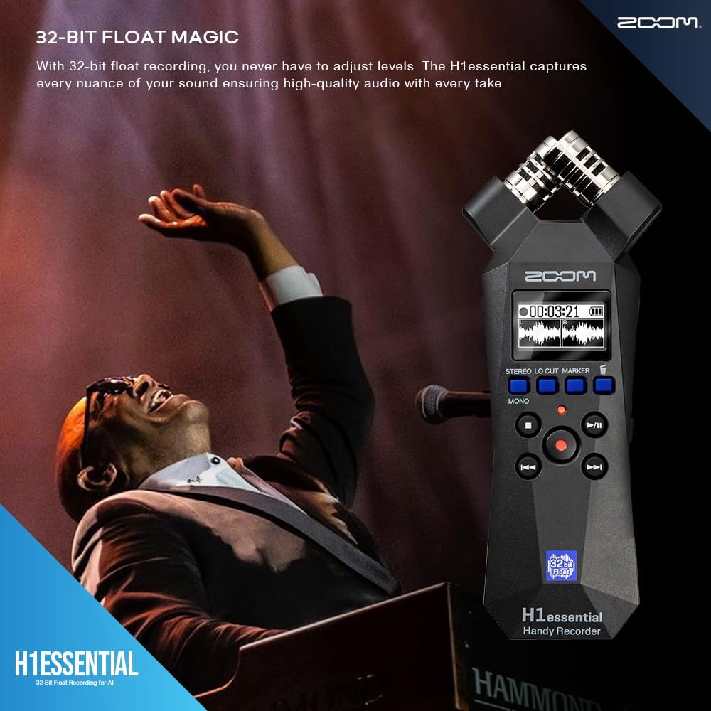 Zoom H1essential Stereo Handy Recorder – H1 Essential (H1E) Portable Audio Recorder 32 Bit Float, USB & X/Y Microphone - 64GB SD, Tripod, Headphone w/Mic & More for Musicians Vloggers Filmmakers