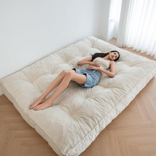MAXYOYO 8" Futon Mattress Full Size, Extra Thick Futons Sofa Couch Bed, Velvet Floor Mattress for Adults, Shredded Foam Filling (Frame Not Included), Beige