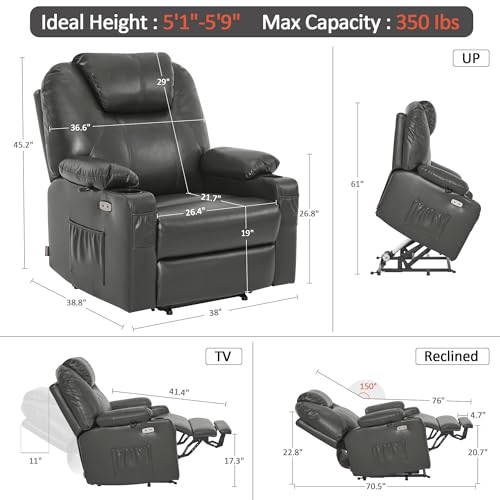 MCombo Power Lift Recliner Chair for Elderly, Lift Chair with Heat and Massage, FSC Certified, USB Ports, Cup Holders, Faux Leather 7040 (Black, Medium)