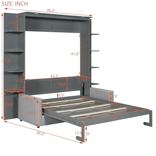 Polibi Queen Size Murphy Bed - Multi-Functional Wall Bed with Sofa Cushion, Folds into Cabinet, Ideal for Guest Room/Home Office/Gym, Gray