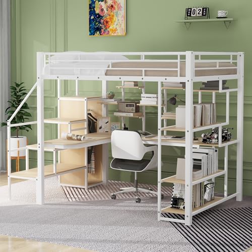 Full Size Metal Loft Bed with Storage Staircase and Small Wardrobe, Built-in Desk and Storage Shelves loft bed with desk and storage (Black)