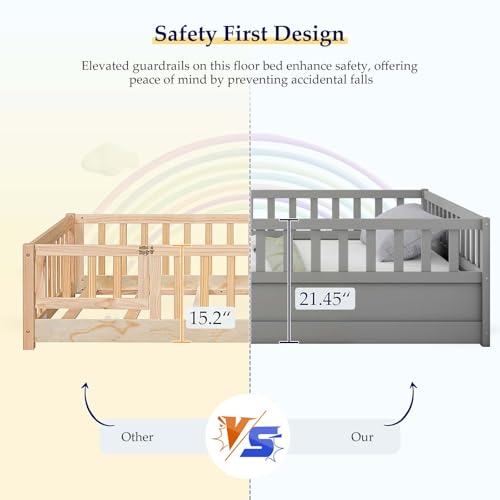 Full Floor Bed with Elevated Safety Guardrails and Door, Montessori Floor Bed for Kids, Wood Kids Floor Beds Frame, Full-White