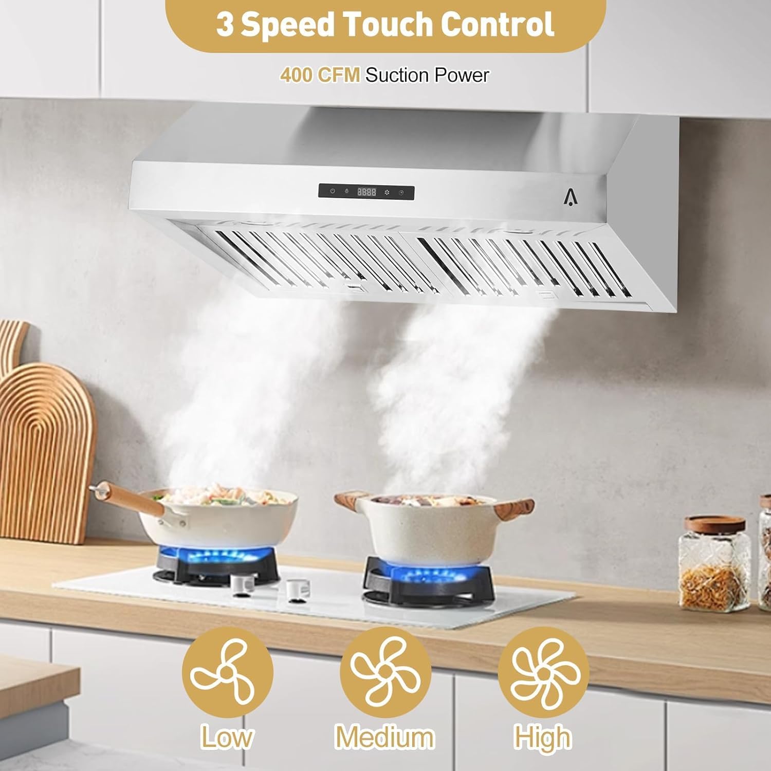 Range Hood,30 Inch Range Hood for Under Cabine Stainless Steel 3-Speed Exhaust Fan,Touch Screen, Dishwasher Safe Baffle Filters, LED Lamps, 400 Max Blower CFM,Low Noise for Kichten