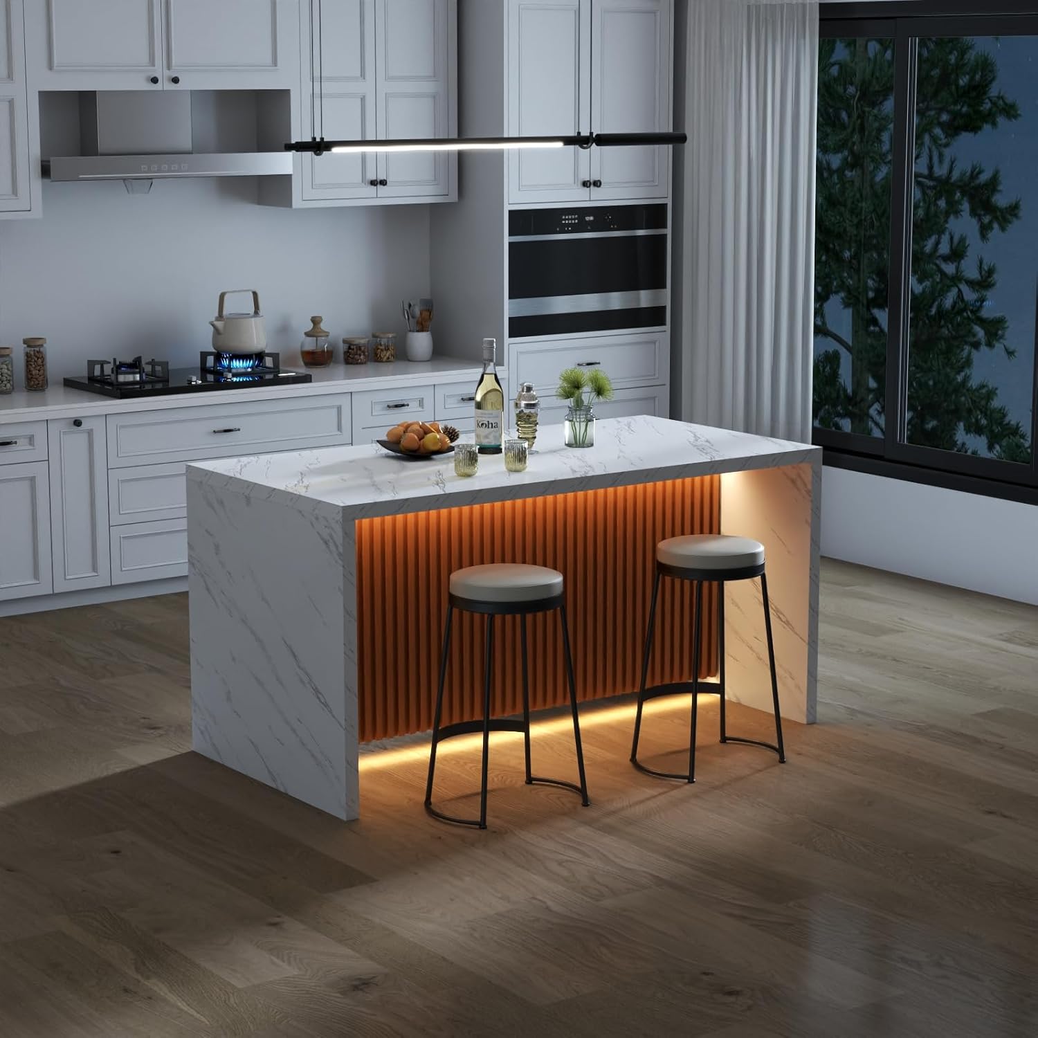 63" Large Imitation Marble Dining Table for 4-6 People, Island Table with LED Lights, Mordern Marble Stripes Kitchen Dining Table with Grille design for Dining Room, Home, Office, Living Room（White）