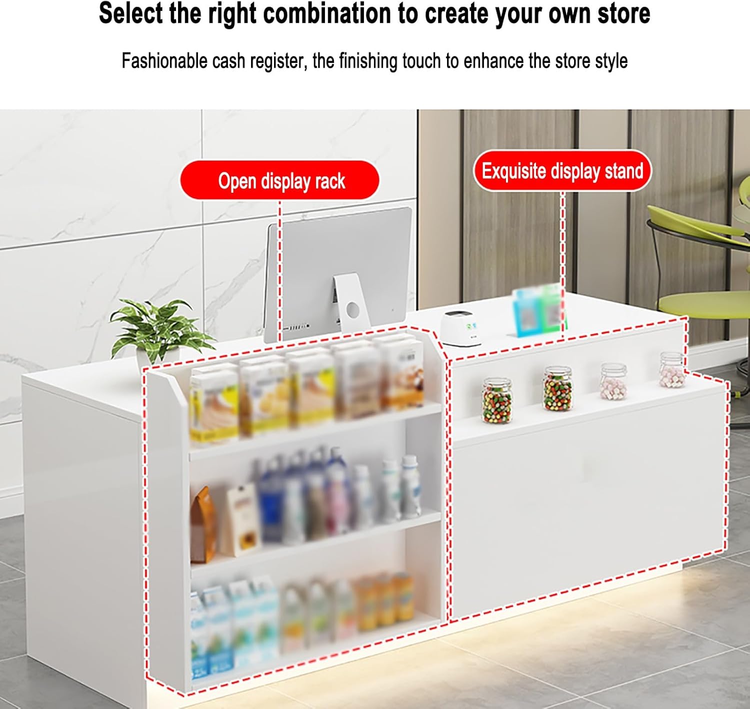 Reception desk for sale with open shelves, Modern Retail Checkout Counter with lockable drawers, Small Reception Desk for Small Spaces, Wooden Computer Desk Reception Table with led lights(H-1,120x55x