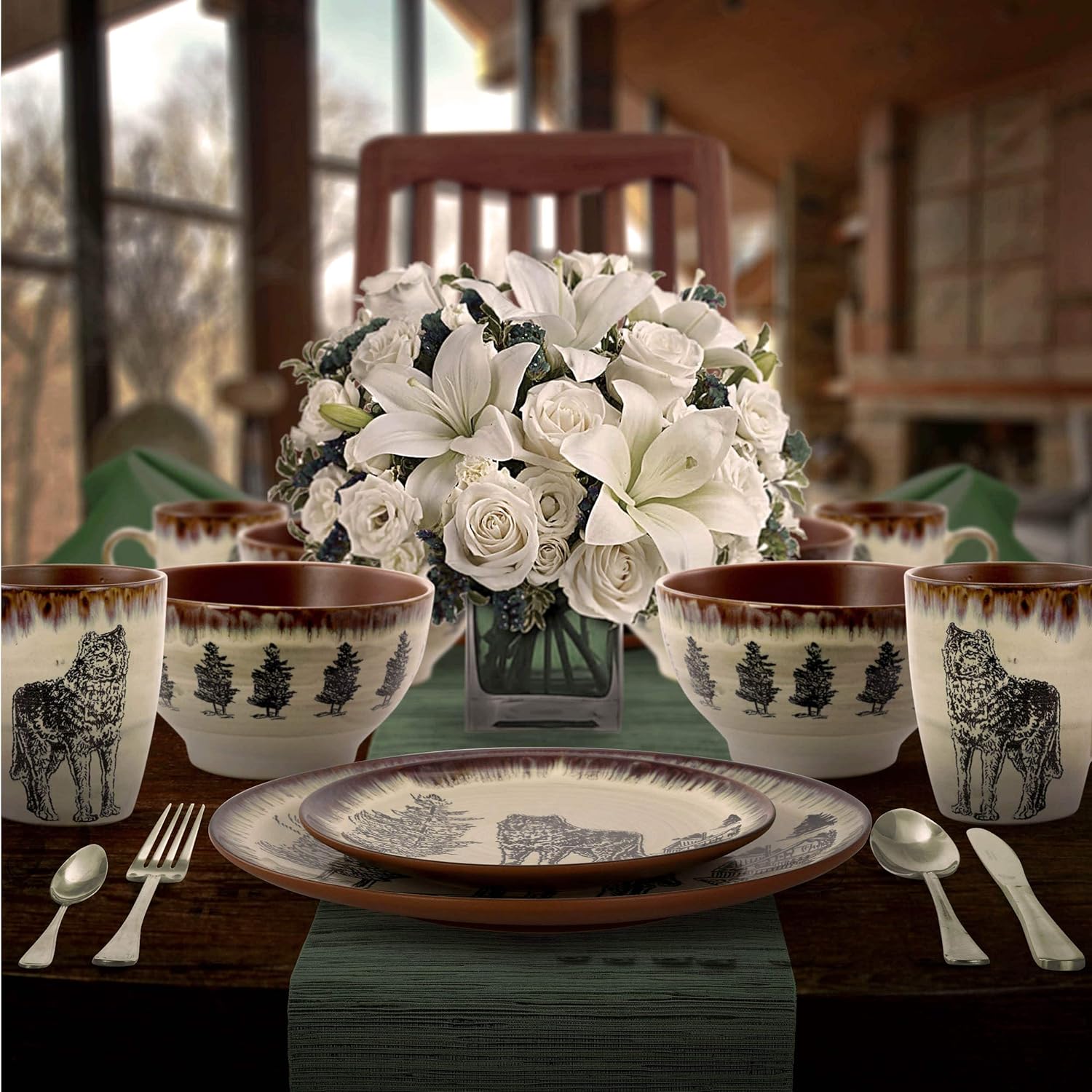 Round Stoneware Cabin Dinnerware Dish Set, 16 Piece, Design With Warm Taupe And Brown Accents