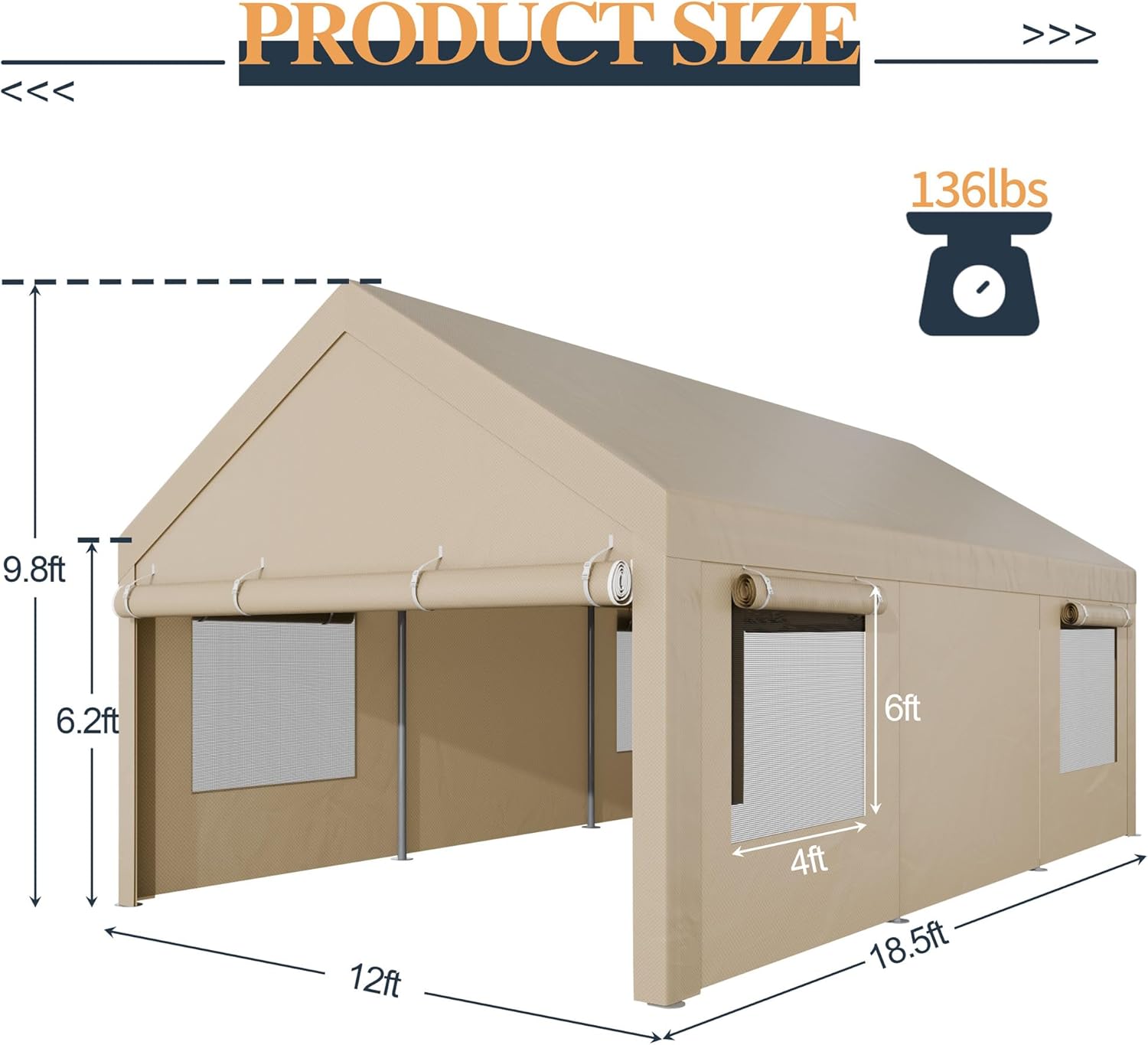 Shintenchi 12x18.5ft Heavy Duty Carport, Portable Garage with Removable Sidewalls, Doors and Ventilated Windows, All-Season Tarp for Car, UV Resistant Waterproof Carport Canopy for Outdoor (Khaki)