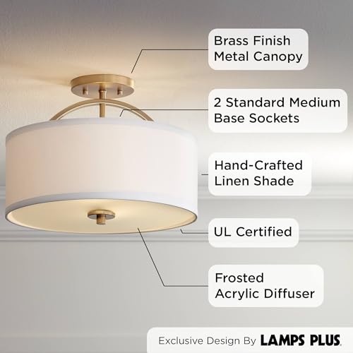 Possini Euro Design Halsted Modern Industrial Close to Ceiling Light Semi Flush Mount Fixture 15" Wide Warm Brass Gold White Linen Drum Shade for Bedroom Kitchen Living Room Hallway Bathroom