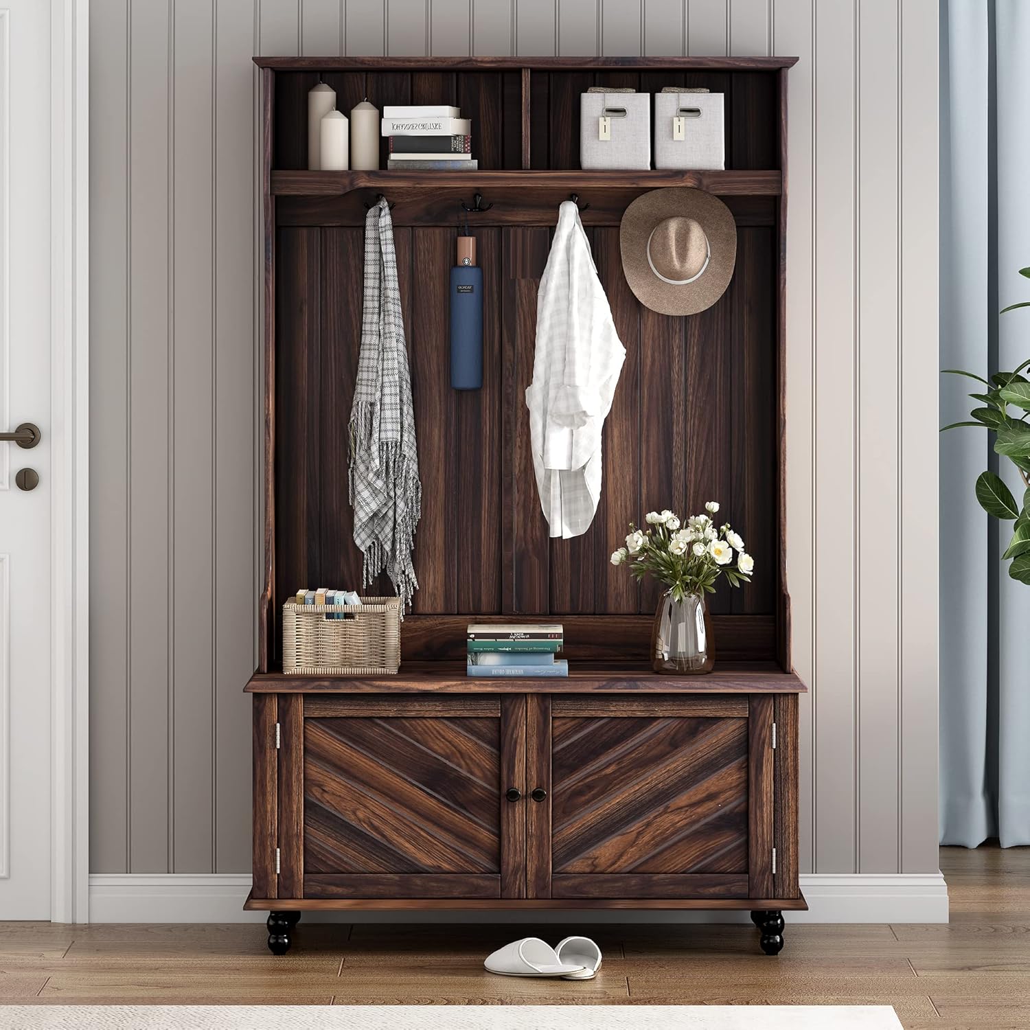 1 Hall Tree, Multifunctional Entryway Bench with 4 Hooks & Shoe Cabinet, Top Open Shelf, Solid Wood Frame and Anti-Tip Design, Ider for Hallway, Living Room, Bedroom, Brown