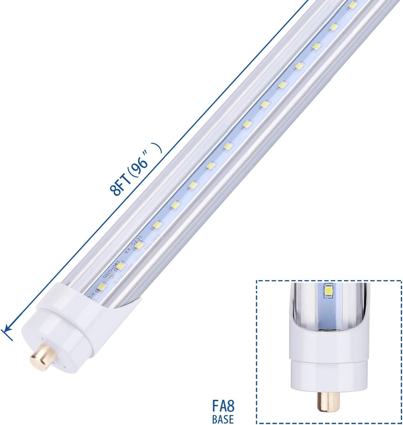 T8 8FT LED Light Tube 45W (Ballast removal) Clear Cover, Single Pin FA8 Base, Replace 100W Fluorescent Lamp Shop Lights, Dual-Ended Power, Cold White 6000K,AC 85-277V - 25 Pack