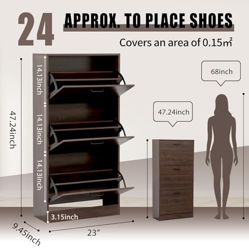 Farmhouse Shoe Cabinet, 2 Flip Drawers & Top Fence, Suitable for Entryways, Free-Standing Storage Shelves with Metal Legs, Narrow Shoe Organizer for Heels, Boots, Slippers, Walnut Brown