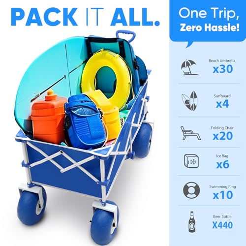 Heavy Duty Beach Wagon with 9" Big Sand-Proof Wheels – 440lb Capacity, Sekey 200L Oversized Foldable Cart | Adjustable Handle & All-Terrain Tires for Sand, Camping, Groceries. Blue&White