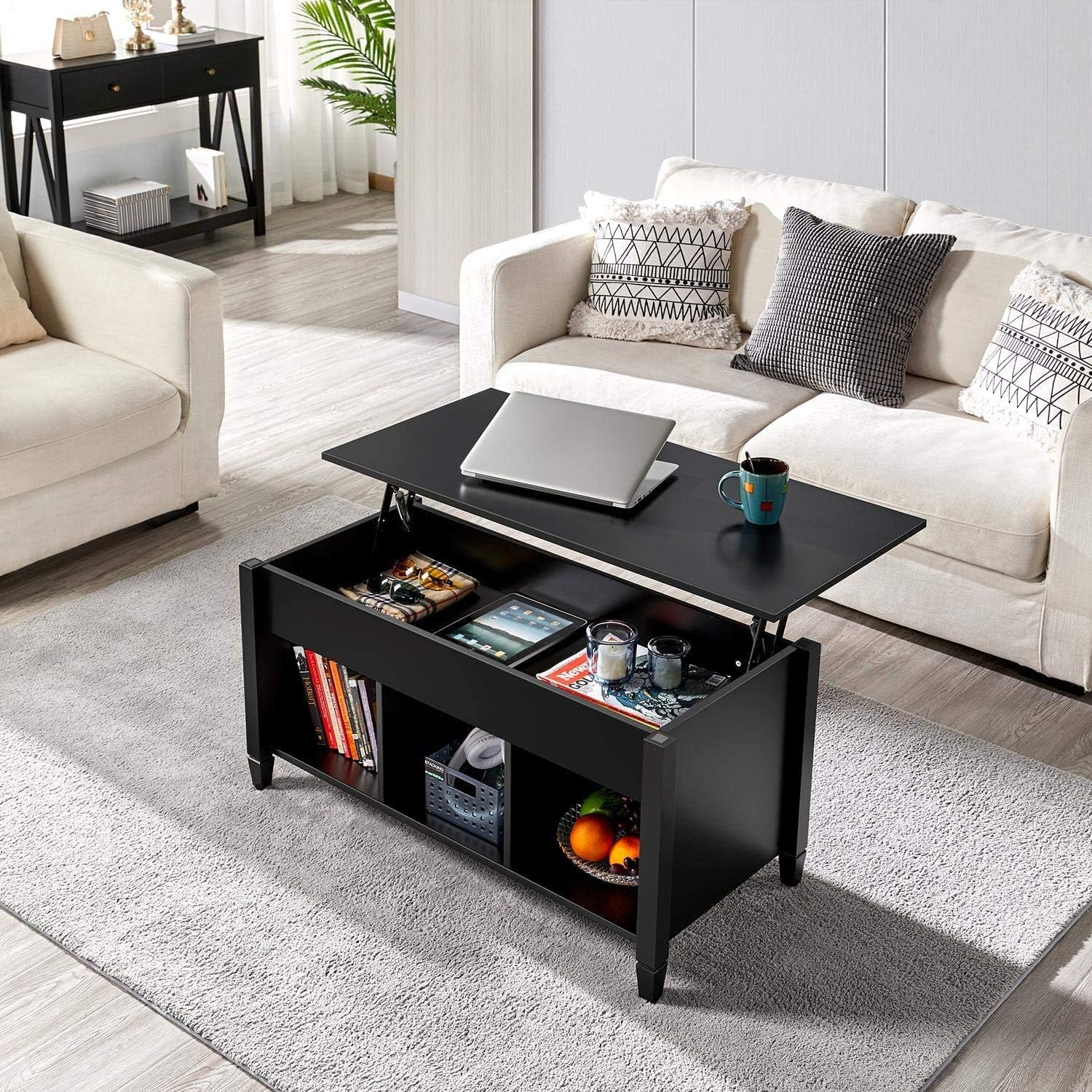 Coffee Table Lift Top Wood Home Living Room Modern Lift Top Storage Coffee Table w/Hidden Compartment Lift Tabletop Furniture, with 3 Hidden Compartment Storage Shelf (Black)