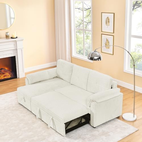 Corduroy Tufted Upholstered Sleeper Sectional Sofa, L-Shaped Modular Convertible Sofa with Storage Chaise, Futon Couch with Pullout Bed, Convertible Sofa, Recliner, Bed, for Living Room， Black