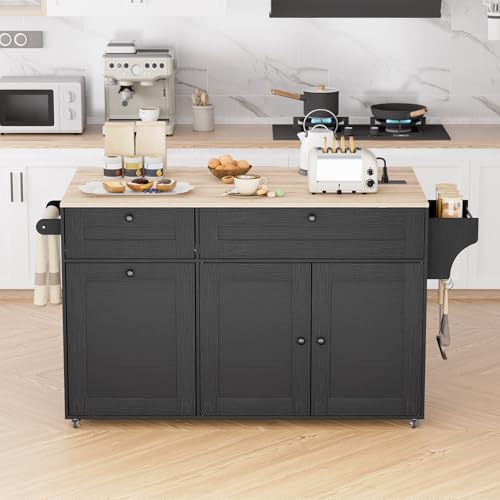 Rolling Kitchen Island on Wheels, Kitchen Islands Cart with Trash Can Storage Cabinet, Portable Island Table with Power Outlet, Drop Leaf, Spice Rack, and Drawers, Black