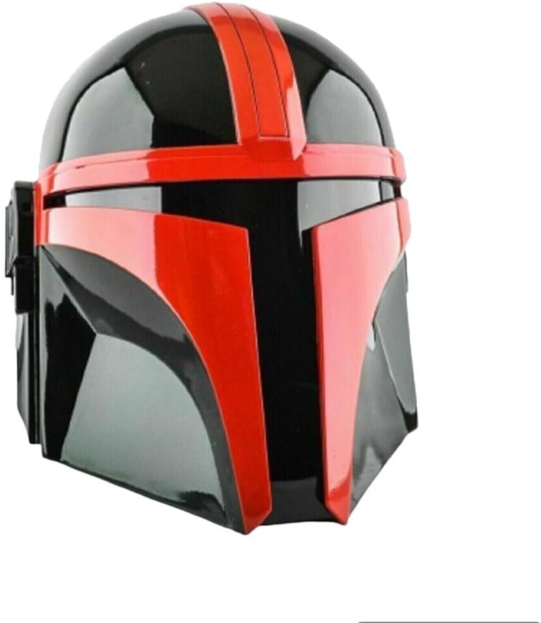 Mandalorian Steel Metal Helmet Red-Black Pattern Face Head Mask with Liner and Chin Strap for LARP Cosplay Role Halloween Armour Gift, Standard